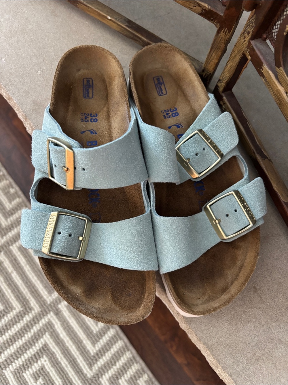Birkenstock Light Blue Suede Two-Strap Sandals with Gold Buckles